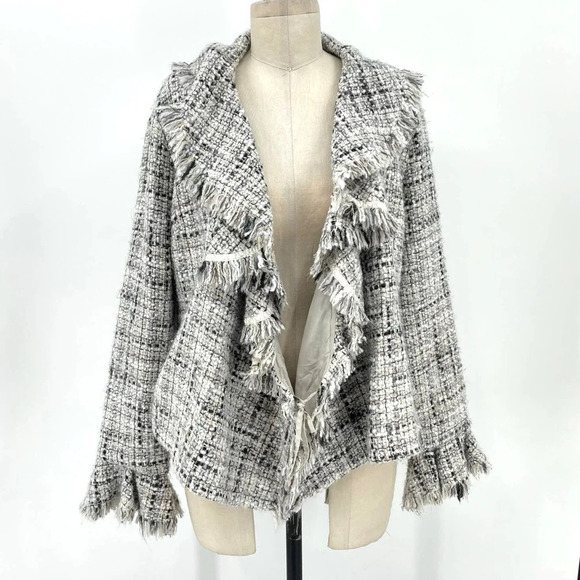 Anne Fontaine Sigourney Blazer Jacket Tweed Fringe Gray Black Size 3 US Large - Picture 1 of 9